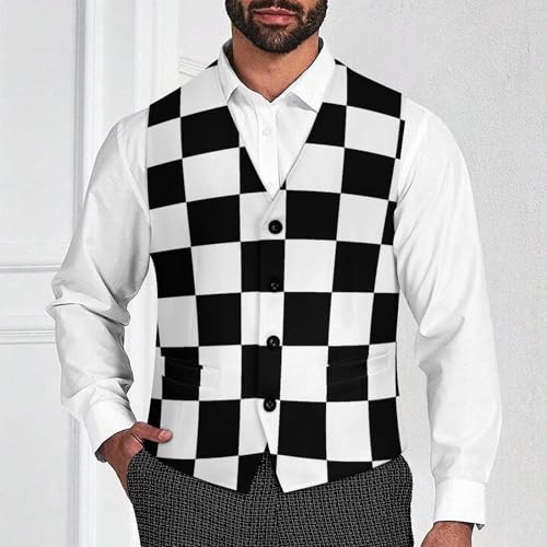 Black White Race Checkered Flag Printed Men's Suit Vest Slim Fit Business Dress Party Pattern Waistcoat Vest Top2