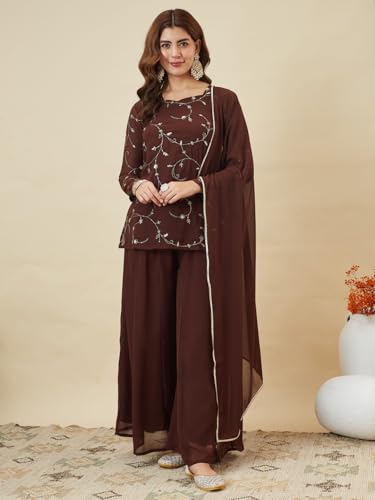 Image of MOKOSH Women's Georgette Short Kurti Palazzo with Dupatta | Short Kurti Set |Ethnic Kurta Set for Women | Sweetheart Neck Full Sleeve | Indian Kurta Outfit With Palazzo Pants