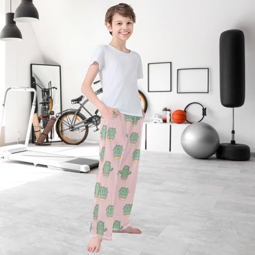 Boy's Lounge Pants Cartoon Cactus Cat Cool Print Kids Jogger Pants Elastic Waist Long Bottoms with Pockets 6-14 Y 6
