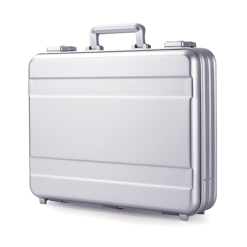 urecimy Metal Briefcase for Men, 15.6'' Business Laptop Case, Lockable Lawyers Document Box, Money Briefcase, Fireproof File Organizer, Hard Shell case with Removable Foam(Silver,46X35X11.5cm)