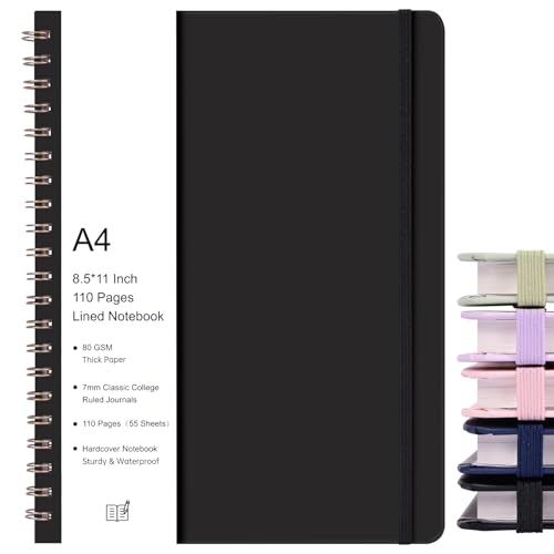 EOOUT Lined Spiral Journal Notebook, 110 Pages, A4 8.5 x 11in 80 GSM College Ruled Hardcover Notebook, Double-Wire Spiral Journal Notebook for Writing(Black)