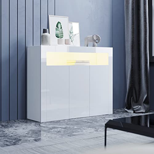 SUNXURY Küchenschrank Sideboard Weiss Hochglanz,3 Türen Griffloses Design Kommode mit LED für Flur Schlafzimmer Küche 116x93x35cm(B/H/T) Cover