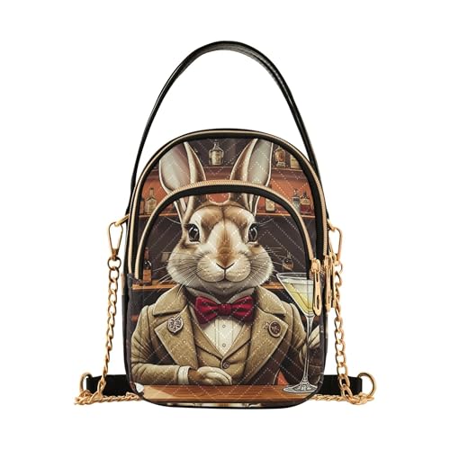 Sophisticated Rabbit Vintage Bunny Single Shoulder Handbag Women Chain Strap Wallet Phone Purse Floral Print Zipper Bowler Tote Ladies Satchel, 5.9