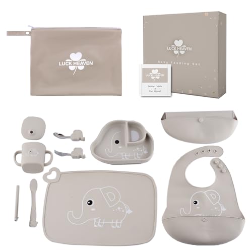 Image of LUCK HEAVEN Silicone Baby Bib Feeding Set Led Weaning Supplies with Bowl Spoons Forks Dish Suction Cup Toddler Self Feeding (Elephant)