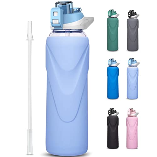 DEARRAY 1 liter / 1l Sport Trinkflasche Glas mit Strohhalm 1000 ml Borosilikatglas Wasserflasche mit Silikonhülle (Hellblau) Cover