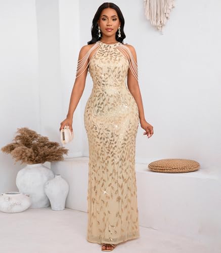 Image of Cololura Women Sexy Elegant Sequin Tassel Off Shoulder Halter Bodycon Maxi Dress Party Evening Gown Formal Dress