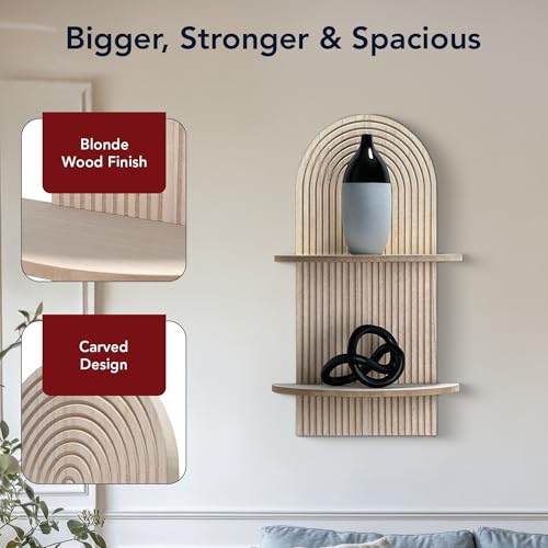 Image of American Art Decor Carved Lunar Ledges 2-Tier Modern Display Arched Wall Shelf Storage for Bedroom Bathroom Kitchen Living Room - Natural Beige - 23.75 inch x 14 inch x 8.25 inch