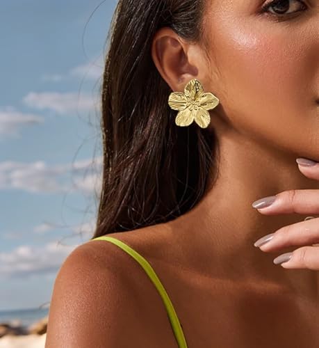 Big Gold Statement Earrings for Women Trendy, Chunky Unique Leaf Dangle Earrings, Fashion Gold Large Flower Earrings Jewelry4