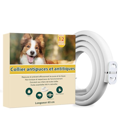 Collier Anti Puces pour Chien, 12 Mois De Protection Efficace, Collier Anti Tique Chien 65cm, Réglable Et Étanche, Convient Aux Chiens De Toutes Tailles...