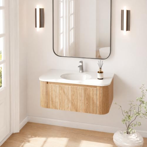 Image of 36 Inch Wall Mounted Bathroom Vanity with Ceramic Sink, Pre-Assembled Floating Vanity Cabinet with Marble Countertop, Wave Texture Finish & Drawer, Wood
