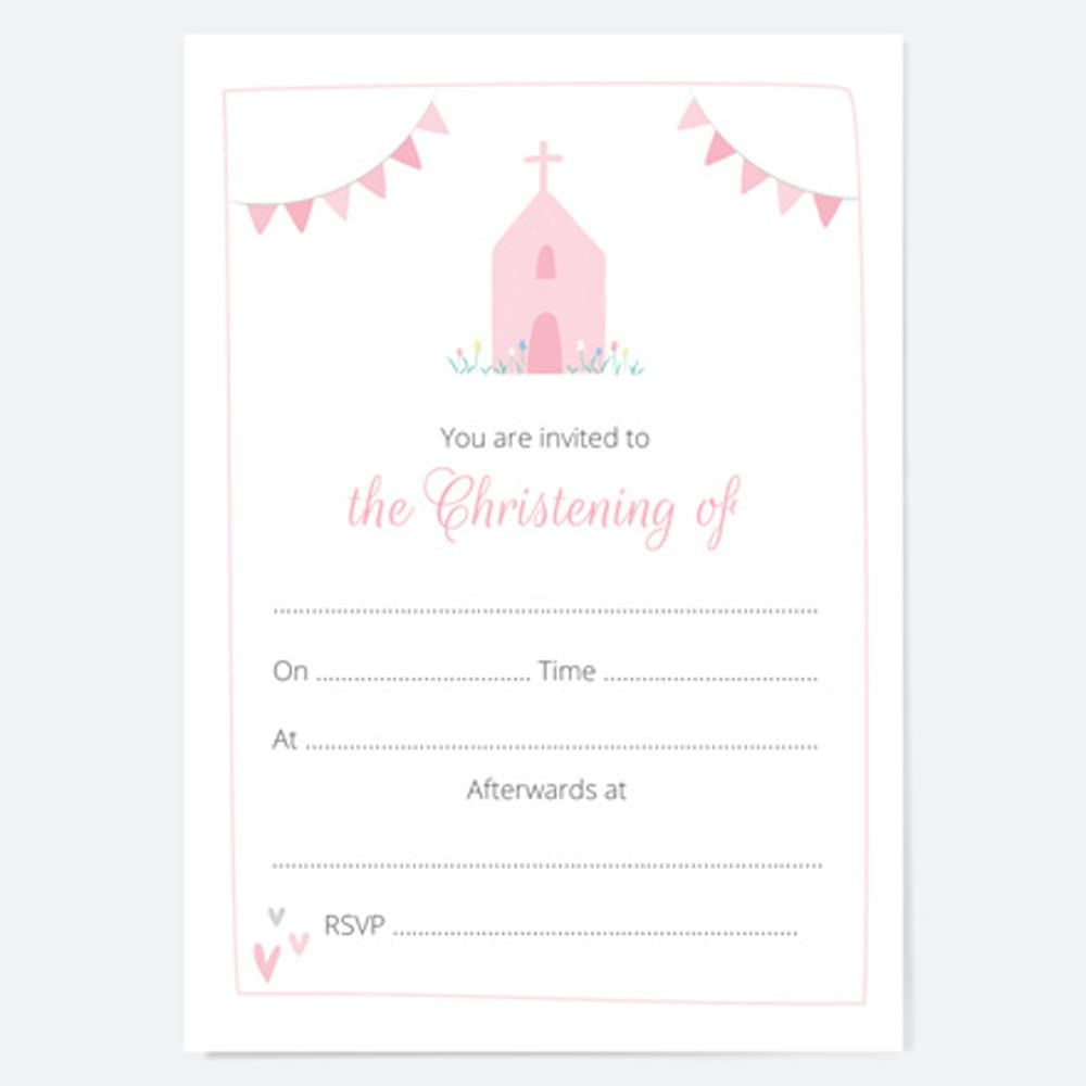 Christening Invitations - Cute Pink Church - Pack of 10. Floral, Hearts, Dainty, Beautiful, Delicate, Non-Personalised, Celebration. Envelopes Included. (4020)