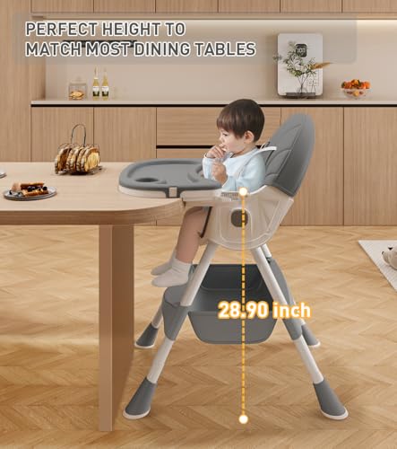 Image of Baby High Chair, 5 in 1 High Chairs for Babies and Toddlers, Travel Foldable High Chair with Detachable PU Cushion, Double Removable Tray, Adjustable Height & Recline, Locking Wheels (Grey)