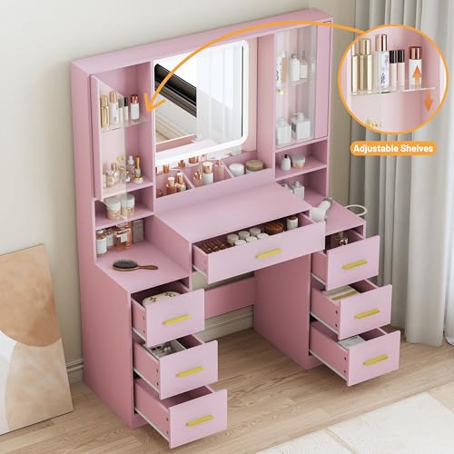 Image of BORNOON Vanity Desk with Mirror and Lights, Makeup Vanity with 7 Drawers, 2 Glass Door Cabinets, Charging Station, Adjustable Shelves, RGB Lighting, Holder