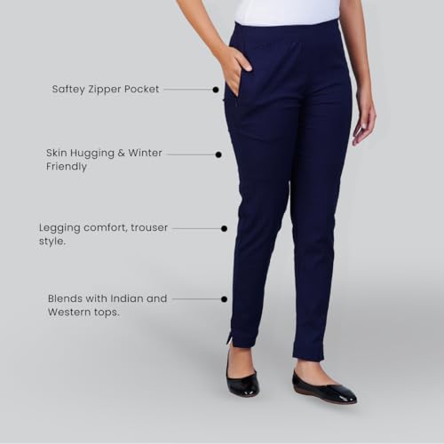 Image of Happy Bunny Cotton Blend Lycra Kurti Pants for Women, Soft 30% Stretch Full Length Trousers with Elastic Waist & Zip Pocket, Ideal for Office, Work, Casual, Home Wear Breathable Slim Fit