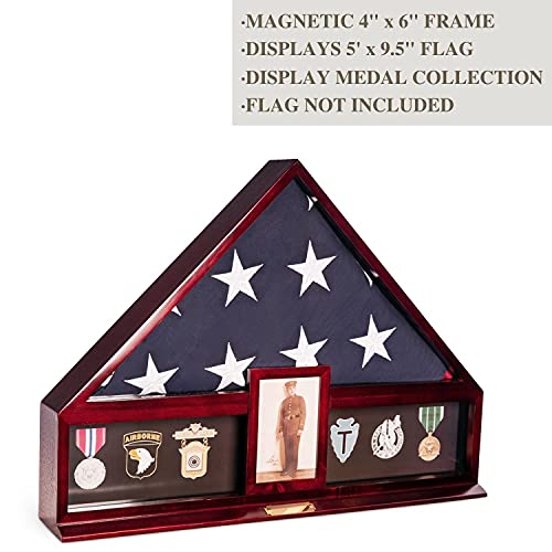 Custom Personalized American Flag Display Case for 5' x 9.5' Burial Memorial Flag, Military Medal Shadow Box with Glass Front and 4"x 6" Picture Frame (Mahogany)