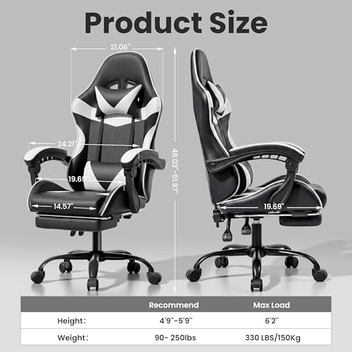 Image of Gaming Chair, Ergonomic Computer Chair with Footrest and Lumbar Support, Height Adjustable Office Chair with 360 Swivel Seat and Headrest (Black & White)