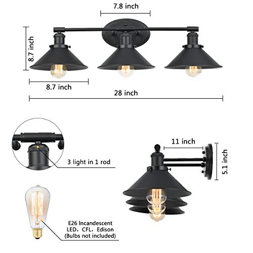 Topotdor Industrial 3-Light Wall Sconces with Black Metal Lamp Shade,Vintage Farmhouse Wall Light Fixture with E26 Base Socket for Bedroom Bathroom Mirror Cabinets Dressing Table (Black) - Thumbnail 6