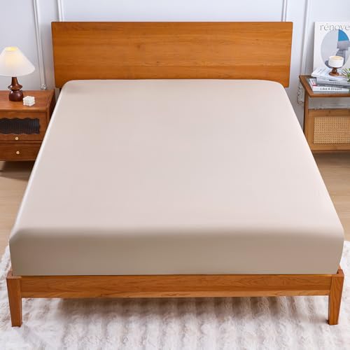 YIYEA 100% Viscose Derived from Bamboo Fitted Sheet Only 600 Thread Count Cooling Fitted Bottom Sheet for Hot Sleepers 16 Deep Pocket Silky Soft Breathable Queen Beige