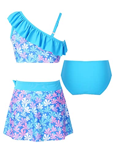 Kids Girls Tankini 3 Pieces Swimsuit Ruffles Flounce Printed Swimwear Hawaii Beach Bikini Sets Rash Guard Sky Blue 10 Years2