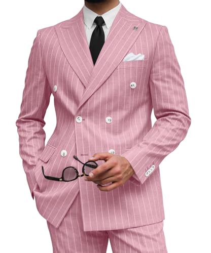 Wangyue Fato listrado para homem, ajuste fino, 2 peças, abotoaduras duplas, para casamento, negócios, Rosa
