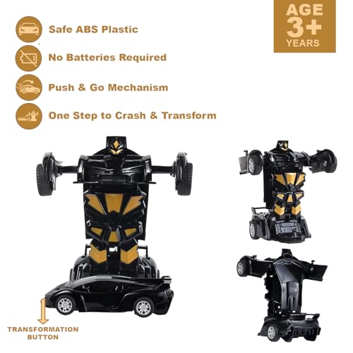 Image of Transforming Robot Car Toy for Kids| Crash to Transform Robot Car| Friction Powered Push & Go Action| No Batteries Needed| Durable ABS Plastic Toy for Boys & Girls|Black