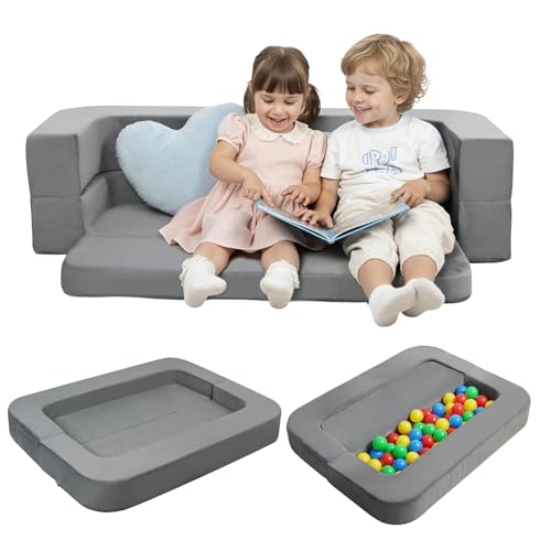 ENITYA 3-in-1 Toddler Couch & Bed with Pillows, Grey