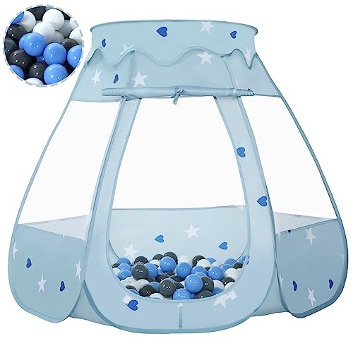 Image of Wilhunter Baby Ball Pit for Toddler with 50 Balls, Kids Pop Up Play Tent for Girls, Princess Toys Gifts for Children Indoor & Outdoor Playhouse (Greyish-Blue: Gray/White/Babyblue, 109x90cm/50 Balls)