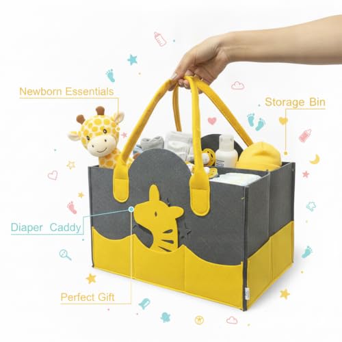Image of House of Quirk Baby Diaper Caddy Organizer | Portable Nursery Storage Basket for Diapers & Wipes | Car Organizer for Newborn Essentials - Yellow Giraffe