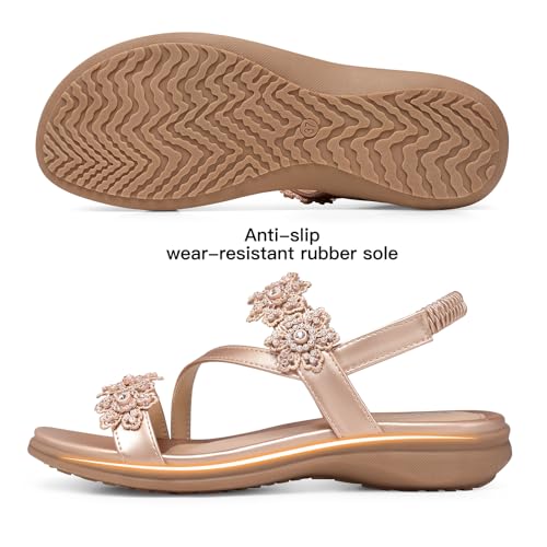 Image of TEMOFON Sandals for Women Flat Dressy Summer Flower Sandals with Ankle Strap Comfortable Casual Walking Flat Sandals Size 5-11