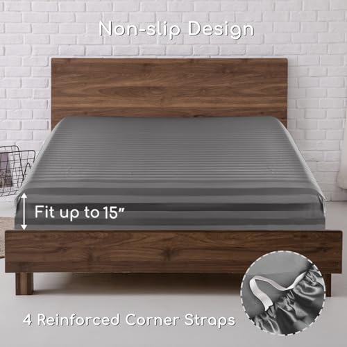 Image of MR&HM Satin Bed Sheets, Queen Size Sheets Set, 4 Pcs Silky Bedding Set with 15 Inches Deep Pocket for Mattress (Queen, Dark Grey Striped)