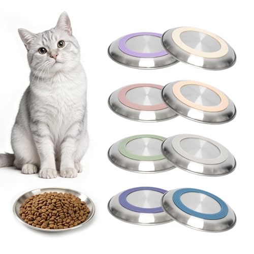 8 Pack Stainless Steel Cat Food Bowls Cat Dishes Shallow Whisker-Friendly Metal Dishes with Non-Slip Silicone Bottom Easy to Clean Indoor Feeding Bowls for Cats Kittens & Small Dogs (6.7)