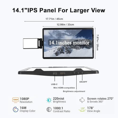 Image of Anvazise Laptop Screen Extender, 14.1 inch Triple Portable Monitor FHD 1080P IPS Laptop Monitor Extender with Stand, Type-C /HDMI Plug and Play, for Windows /Mac /Chrome（1Monitor +1Stand