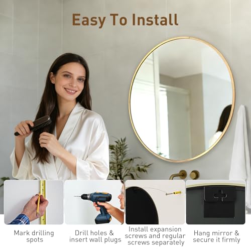 Image of NEWBULIG 30 Inch Round Wall Mirror, Bathroom Mirrors for Over Sink, Matte Metal Framed Circle Vanity Mirror, Wall Decor for Bedroom, Entryway, Anti-Rust, Tempered Glass, Hanging or Leaning, Gold