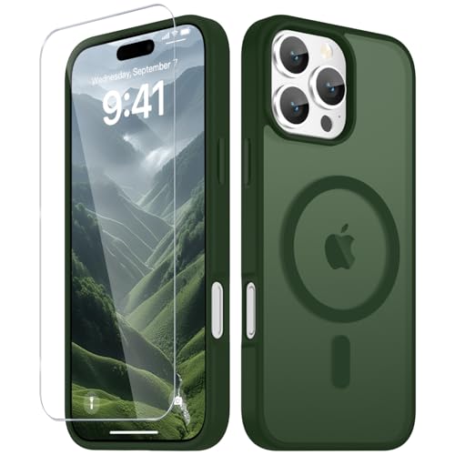 Image of YENAPOON for iPhone 16 Pro Max Case, Matte Magnetic Phone Cover [with 1 Screen Protector] [Support for MagSafe] [Shockproof Military Grade Protection] Translucent Frosted Back, Sage Green