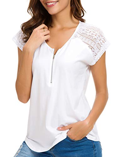 Lusmay Women White Lace Shirts Plain Casual Short Sleeve Zip Up V Neck Cotton Junior Blouse M #TOP1