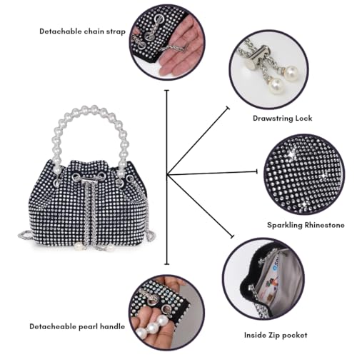 DOSYSO Rhinestone Bucket Bag Mini Evening Pearl Handle Handbags Clutch For Women Drawstring Crossbody Sling Bags with Chain Strap Stylish Potli... - Image 4