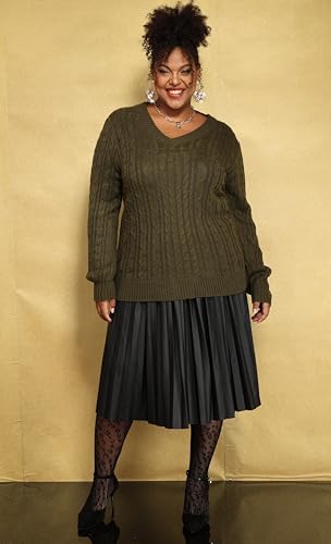 Image of CARCOS Plus Size Sweaters for Curvy Women Long Sleeve Cable V Neck Sweater Knit Pullover Preppy Style Fall Winter XL-5XL