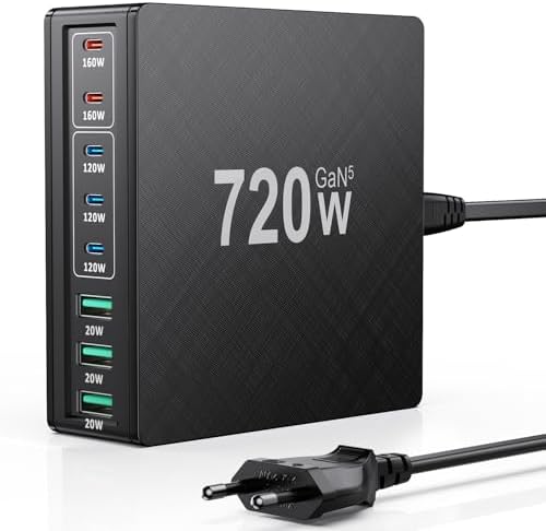 FNITAER 720W USB C Ladegerät: 8-Ports Schnellladegerät mit 5 USB-C und 3 USB-A, Dual-PD PPS Ladestation für Laptop, MacBook, iPad, Lautsprecher, iPhone 16/15/14 Serie, Samsung usw