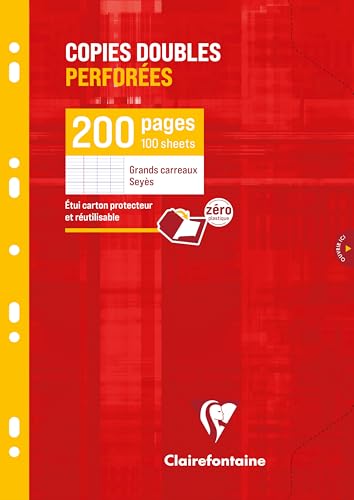 Clairefontaine 4711C Un Étui de Copies Doubles Perforées - A4 21x29,7 cm - 200 Pages Grands Carreaux - Papier Blanc 90 g - Étui Réutilisable