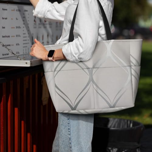 Sac de plage gris argent chic avec poignées et motif géométrique - 3