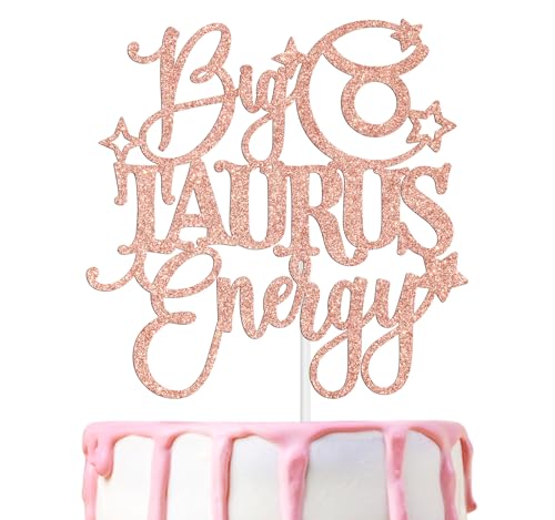 Big Taurus Energy Cake Topper, Happy Birthday Taurus in April/May, Taurus Season, 12 Zodiac Constellation Theme Birthday Party Decoration Supplies, Rose Gold Glitter