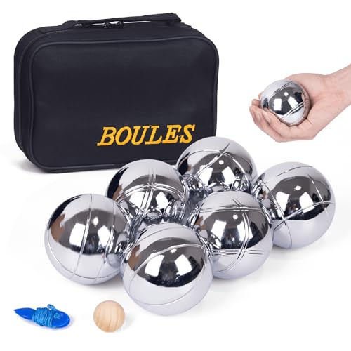 WodGod Petanque Game Set 6 Stainless Steel Balls with Carry Case Target Ball & Measuring String Classic Petanque Game Set for Lawn Beach & Backyard Outdoor Family Bocce Ball Fun