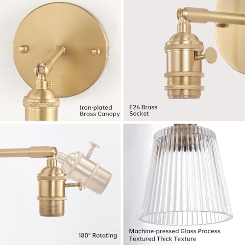Image of Shenmoyl Vintage Wall Sconces Set of 2 with Transparent Stripe Glass Lampshade 180 Degree Adjustable Brass Sconces Hradwired Modern Wall Lighting Fixture with Switch for Bedside Bedroom Doorway