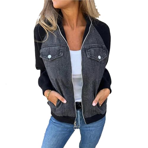 cfpqv Veste en jean à manches longues pour femme - Élégante et décontractée - Fermeture éclair - Patchwork - Bloc de couleurs - Chemise en jean -...