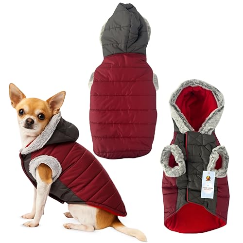 Image of Foodie Puppies Dog Puffer Hoodie Warm Winter Jacket - (Maroon Grey, 16 Inch) for Small Dogs | Ultra Warm Waterproof & Windproof Fur Coat | Washable Pet Vest Apparel for Cold Weather