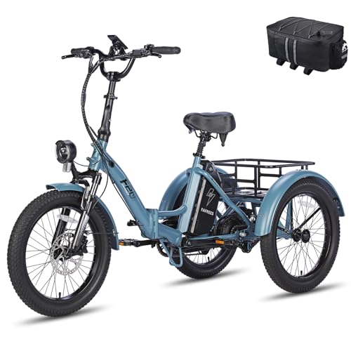 Fafrees Elektro Dreirad 20 Zoll, Elektro Dreirad Fahrrad Klapprad Dreirad für Erwachsene Lastenfahrrad E-Bike mit 48V 18,2AH Akku Bis 55-110KM, F20 Mate (Nur kleine Rückenkorb, Blau)