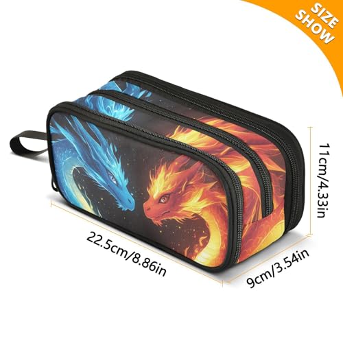 Image of Dragons Red Blue Fire Eyes Pencil Case Box Boys Girls Large Pencil Pouch with Zipper Compartments Big Capacity Stationery Pen Bag Organizer for Kids Teens Adults School