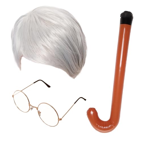 Bcxfbxd 3Pcs Old Man Costume Accessories for Boys Grandpa Silver Wig with Glasses Inflatable Crutch for 100th Day of School