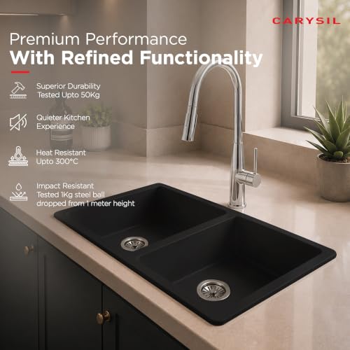 Image of Carysil DOLCE UK Quartz Kitchen Sink 34 x 20 x 8 inches, Single Bowl, 80% Quartz & 20% Resin, Heat Resistant 300C, 50kg Load, Scratch & Stain Resistant, Granite Sink, 304 SS Coupling - Pearl Black