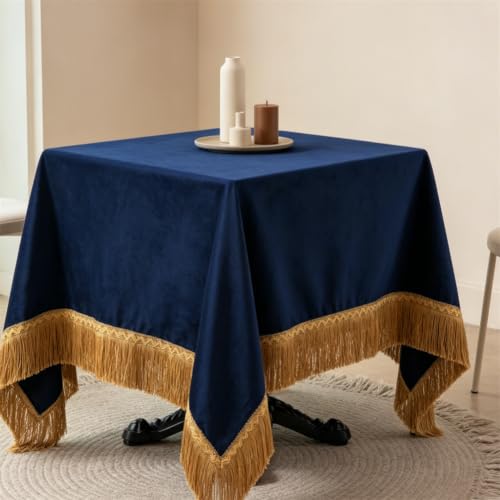 F-CHU Rectangle Velvet Tablecloth, Navy Blue Decorative Table Cover with Gold Tassel Trim, Heavy Soft Plush Fabric, Vintage Home Decor for Dining Table, Party & Holiday 60x60-Inch
